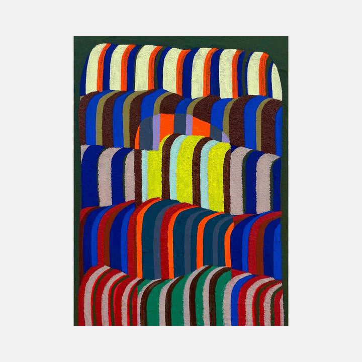 The artwork 'Hidden Arch' by Natalie Lanese features repeating curved striped patterns in vibrant colors including royal blue, orange, yellow, red, and green against a dark background. The stripes create a rhythmic, wave-like composition with a textured surface achieved through pumice, forming five ascending rows of abstract arched shapes.