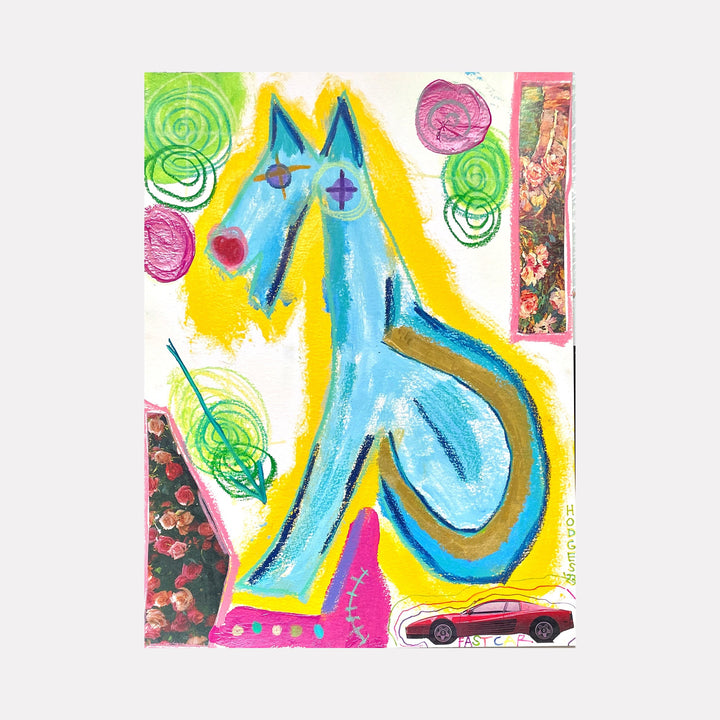 The artwork 'HP' by Brandon Hodges features a whimsical blue dog-like figure with geometric elements, set against a vibrant yellow background. Swirling green spirals, magenta circles, and floral collage elements frame the composition. A small red car detail adds an unexpected touch. Created with acrylic, paper collage, wax pastel, and ink on watercolor paper.