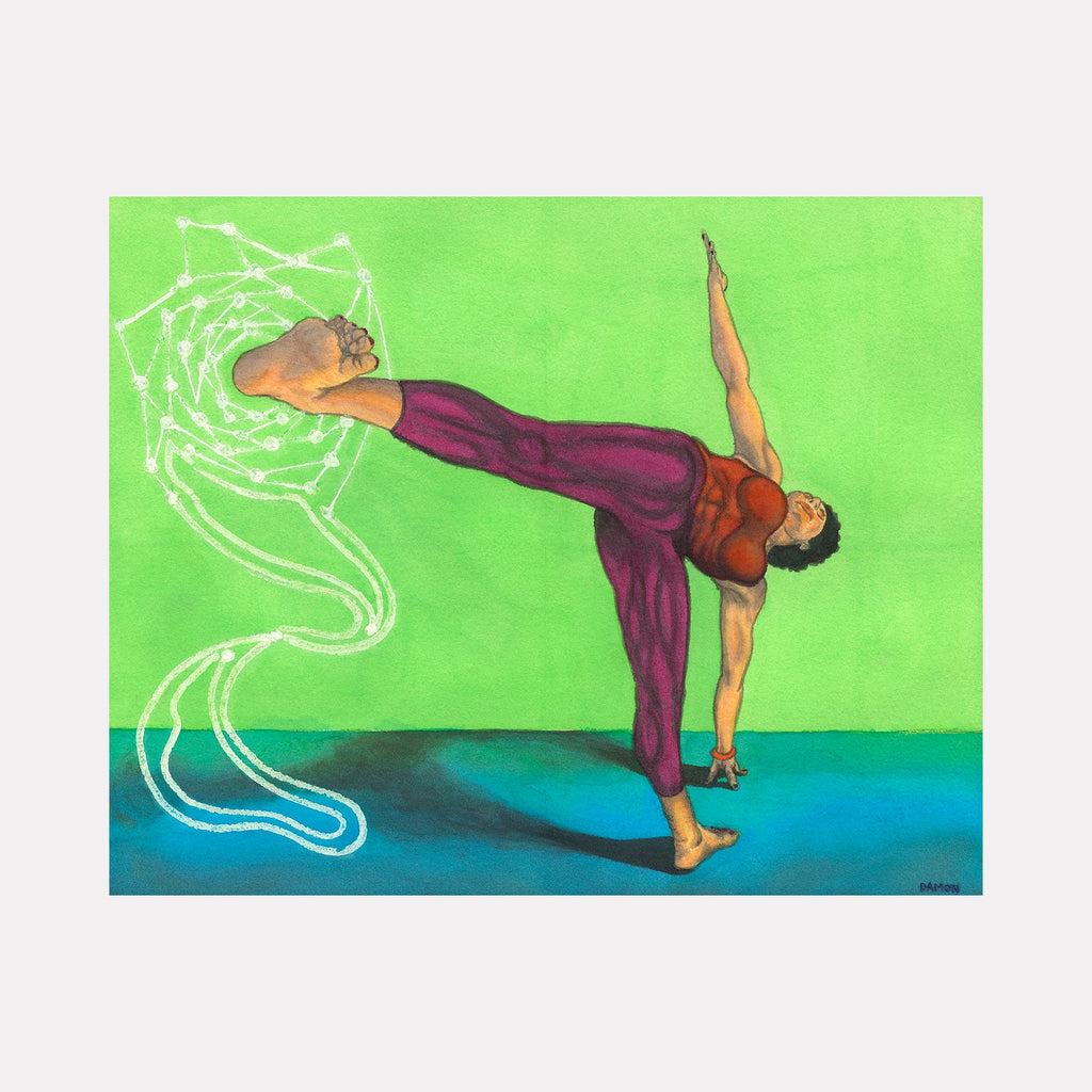 The artwork 'Half Moon Ardha Chandrasana' by Damon Powell features a figure in a yoga half-moon pose against a vibrant lime green background. The watercolor painting shows a flowing white ethereal energy pattern emerging from the pose. The figure wears burgundy attire while balancing on a turquoise surface, creating a striking color contrast in this 16x20 inch composition.
