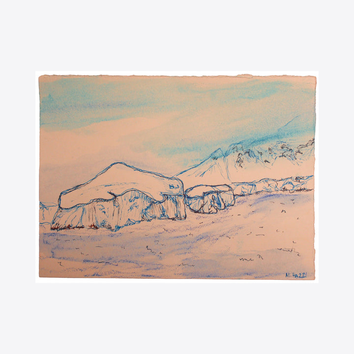 The artwork 'Half Moon Island' by Ali Ha features delicate ink lines depicting a serene mountainous landscape in soft peach and turquoise hues. Jagged cliffs and rocky formations stretch across the composition, rendered on warm white Stonehenge paper with precise Micron pen strokes and Caran d'Ache details.