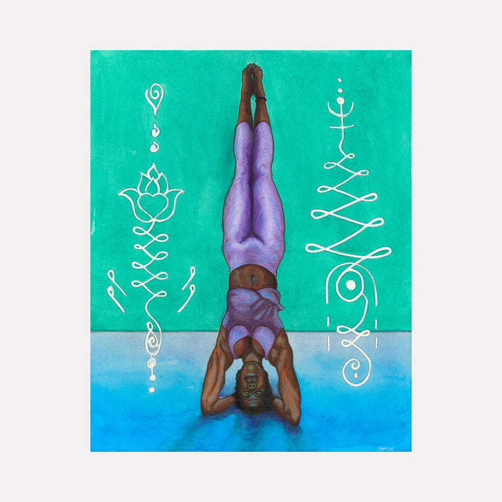 The artwork 'Headstand Salamba Sirasana' by Damon Powell features a yoga practitioner in purple attire performing an inverted headstand pose against a vibrant turquoise and blue background. White mystical symbols and lotus patterns adorn the sides, creating a spiritual atmosphere. The watercolor technique brings depth and fluidity to the 20x16 inch composition.