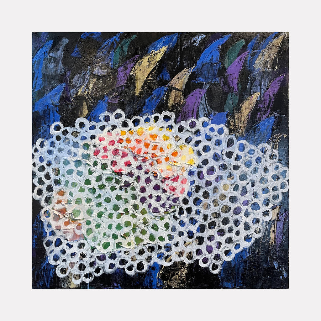 The artwork 'Hidden Thorns' features a dynamic abstract composition with a cloud-like formation of white circular patterns against a dark background. Vibrant splashes of blue, purple, and gold strokes frame the top, while subtle hints of red, orange, and green peek through the dotted texture, creating a mesmerizing interplay of colors on oil canvas. By Ayane Kurai.