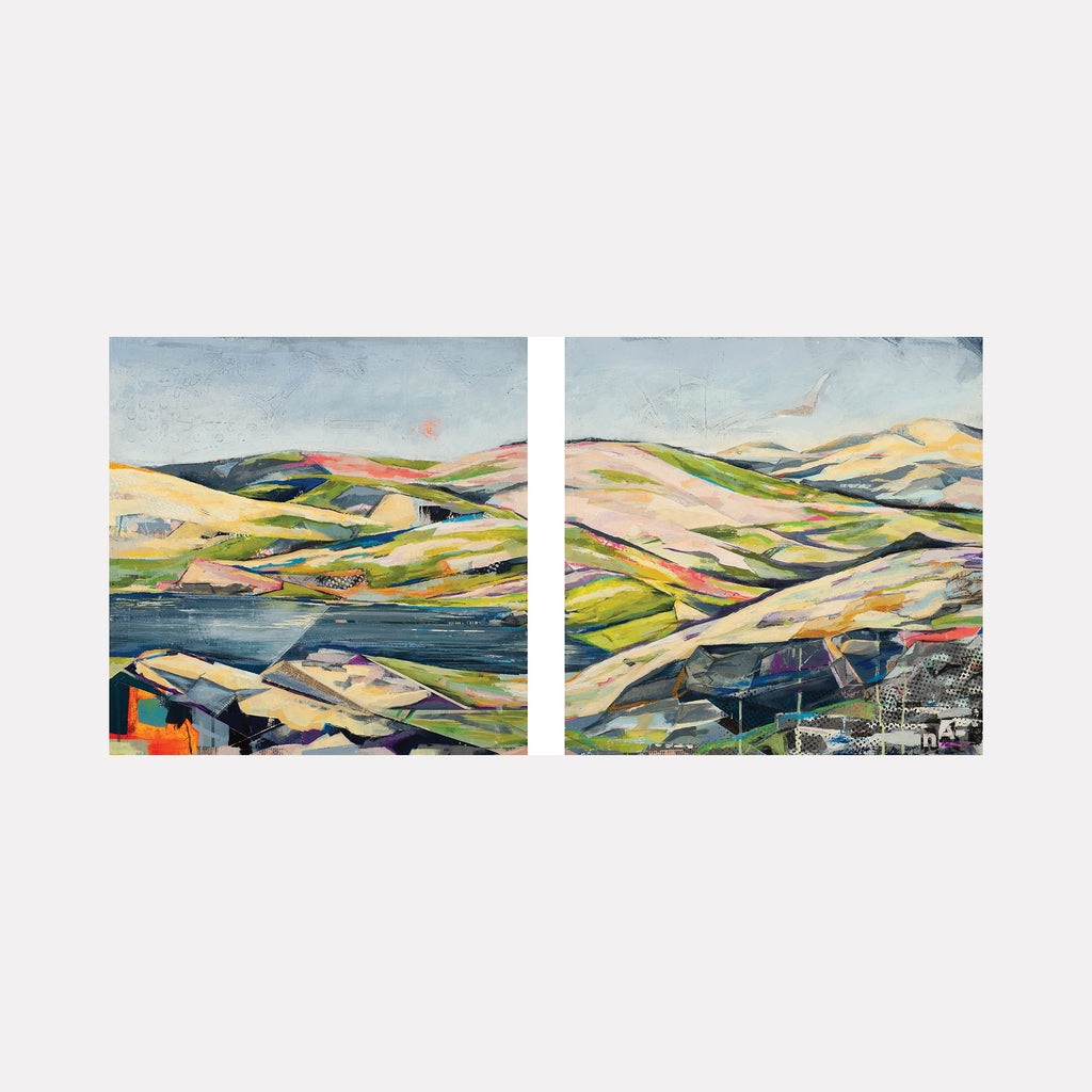 Hills and Valleys #2 Diptych by Nicki Adani features an abstract landscape split into two panels, depicting rolling hills with vibrant pastel hues of yellow, green, and pink against a soft blue sky. The mixed media artwork on wood panels showcases dynamic brushstrokes and layered textures creating a flowing, undulating terrain with deep valleys and serene water elements.