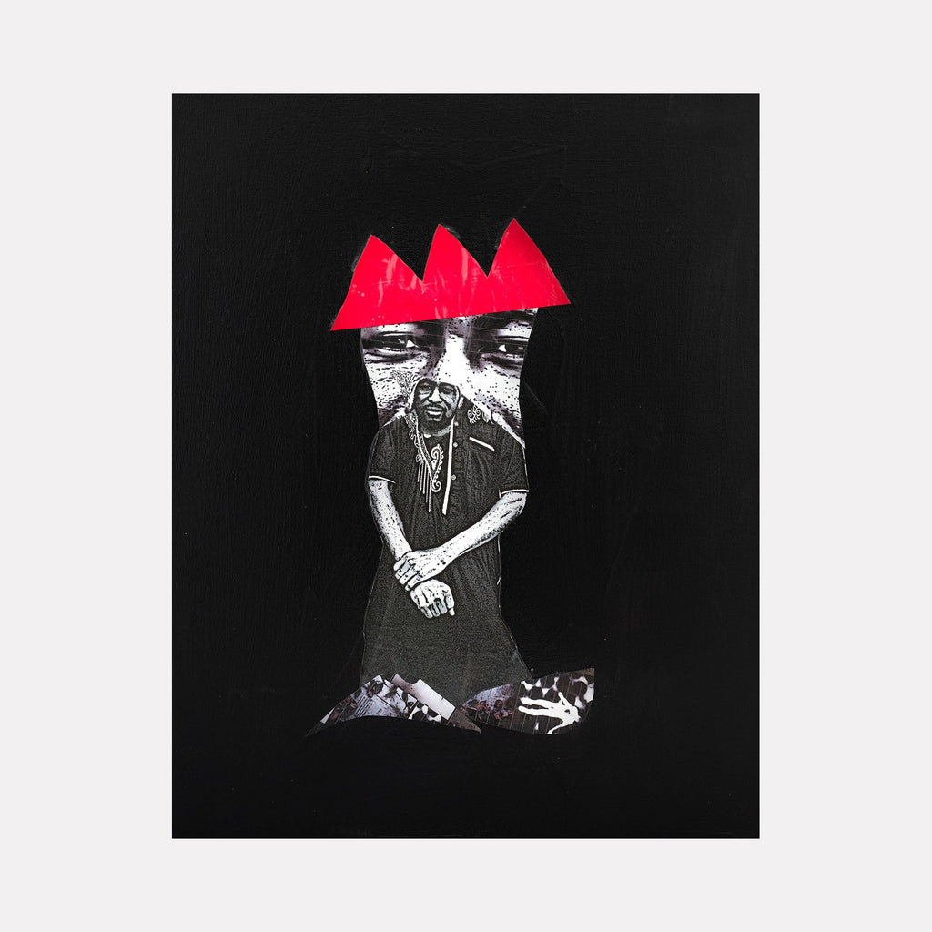 The artwork 'His Eyes Looking At You' by Courtney Minor features a striking black and white collage composition on canvas with a dramatic red triangular crown motif. A figure in dark attire stands against a deep black background, creating a powerful contrast. The artistic style combines contemporary collage techniques with bold geometric elements, measuring 20 inches high by 16 inches wide.