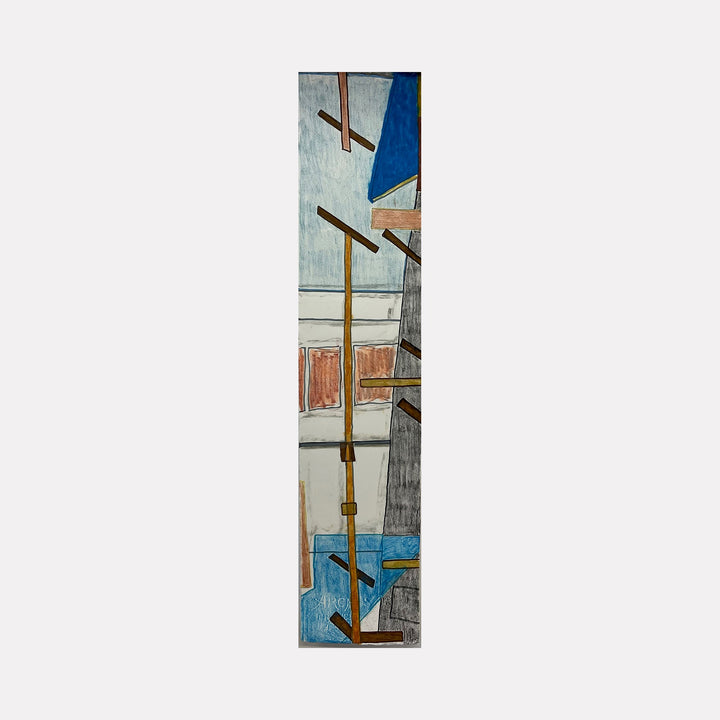 The artwork 'Holding Pattern (with ladder)' by Cora Jane Glasser features abstract geometric composition with intersecting brown ladder-like forms against a pale gray background. Blue and coral accents create depth, while bold lines in ink and gouache on watercolor paper form an architectural study in vertical format. Original artwork by Cora Jane Glasser.