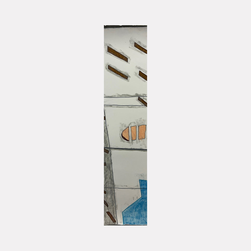 The artwork 'Holding Pattern (with peach)' by Cora Jane Glasser features vertical abstract composition with geometric brown bars scattered across white space, contrasting peach-colored segments, and a striking blue form at the bottom. Created with ink and gouache on Arches watercolor paper, the piece demonstrates minimalist lines and delicate color harmony.
