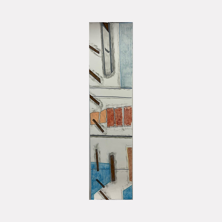 The artwork 'Holding Pattern (with rust)' by Cora Jane Glasser features a vertical abstract composition with geometric shapes in muted blue, rust-red, and white tones. Created with ink and gouache on Arches watercolor paper, the piece showcases angular forms, linear elements, and architectural-inspired patterns in a minimalist style measuring 22 x 5 inches.
