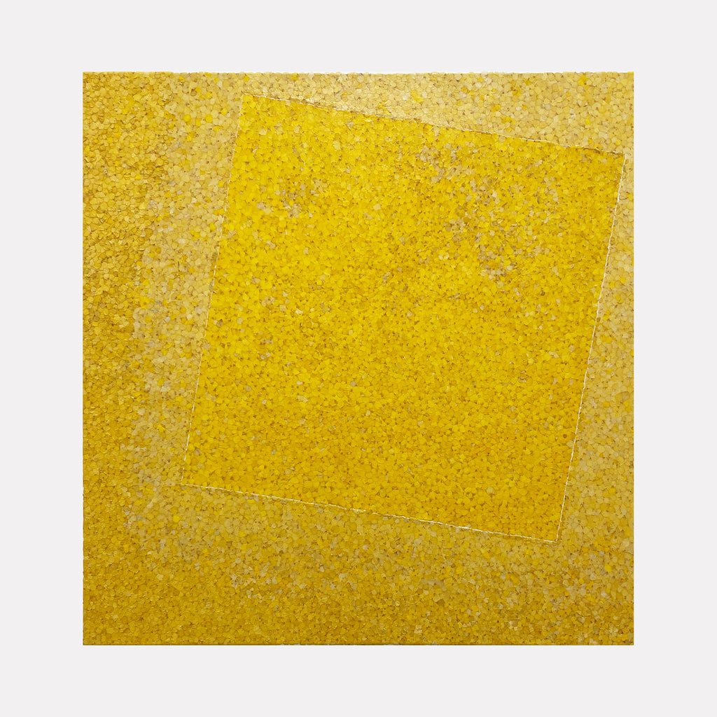 The artwork 'Hommage to MK' by Valerie Hallier features a vibrant yellow square composition created with flower petals on canvas. The central square appears brighter, surrounded by a softer yellow border, creating a subtle geometric contrast. The textural arrangement of petals adds organic depth to the minimalist 30x30 inch artwork by Valerie Hallier.