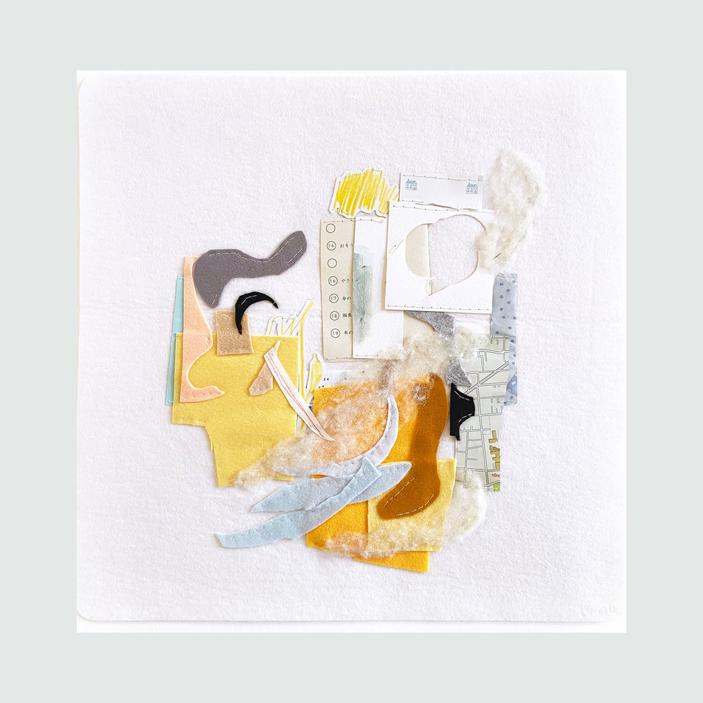The artwork 'Honey' by Linden Eller features an abstract collage composition of layered paper elements in yellow, grey, and pale blue tones. Hand-sewn geometric shapes and organic forms create a delicate interplay of textures on white felt, showcasing a mixed media technique with torn paper edges and subtle stitching details. By Linden Eller.