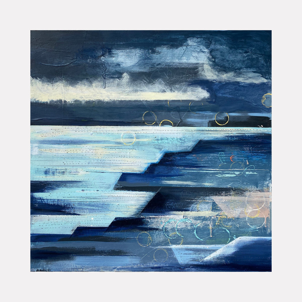The artwork 'Horizon' by Nicki Adani features abstract layers of deep navy blue and light turquoise creating a dramatic seascape effect. Textured brushstrokes and geometric patterns form dynamic diagonal movements across the canvas, with delicate circular elements floating in the composition. Mixed media on wood panel creates depth through contrasting light and dark tones.