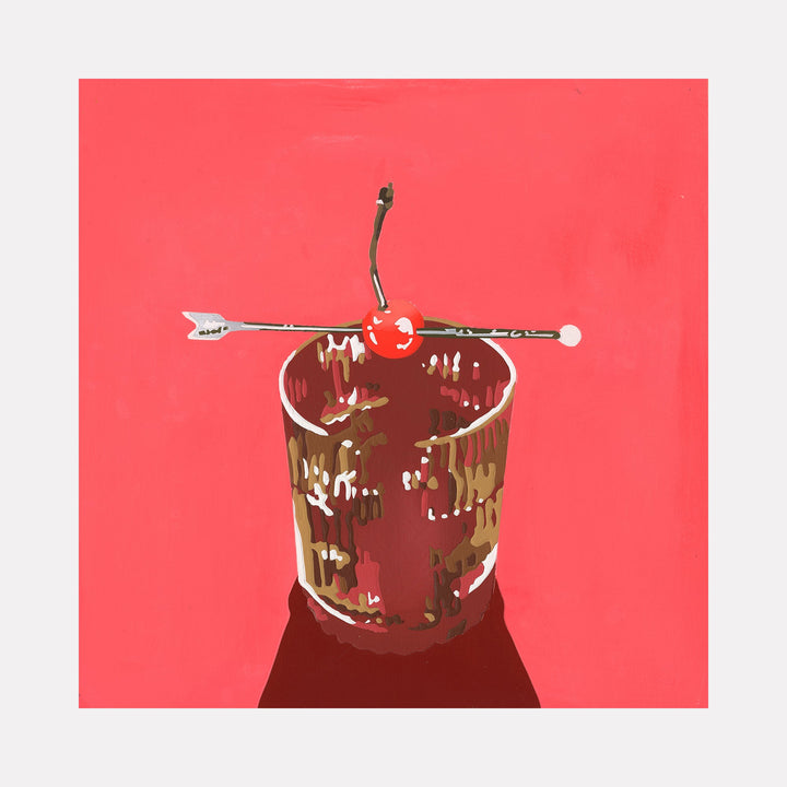 The artwork 'Hot Pink Drink' by Lori Larusso features a stylized beverage glass with a maraschino cherry and cocktail pick against a vibrant pink background. The glass shows intricate drip patterns and reflective highlights, rendered in acrylic on wood panel with a contemporary pop art aesthetic.