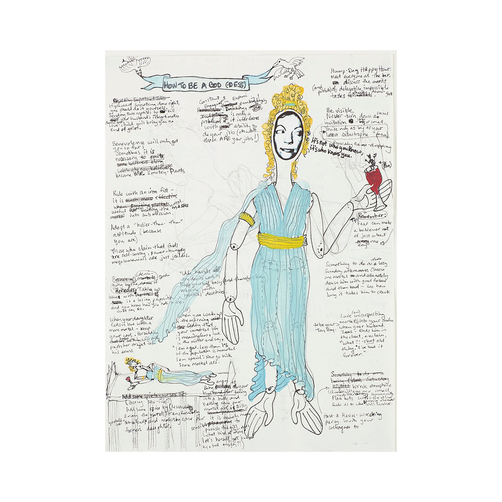 The artwork 'How To Be A God/dess' by Jody MacDonald features a whimsical illustration combining ink and watercolor. A central figure in a flowing blue dress with yellow belt stands surrounded by handwritten notes. The piece features delicate line work, soft blue tones, and yellow accents, with scattered text creating a journal-like aesthetic on white paper. Art by Jody MacDonald.