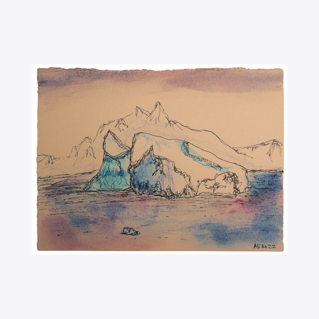 The artwork 'Iceberg_Half Moon Island' by Ali Ha depicts a majestic iceberg rendered in delicate ink and watercolor, featuring soft blue-turquoise hues against a warm sepia sky. The iceberg's jagged peaks and angular formations float in deep blue waters, with distant mountains sketched along the horizon. Created on torn-edge Stonehenge paper with Micron ink and Caran d'Ache. By Ali Ha.