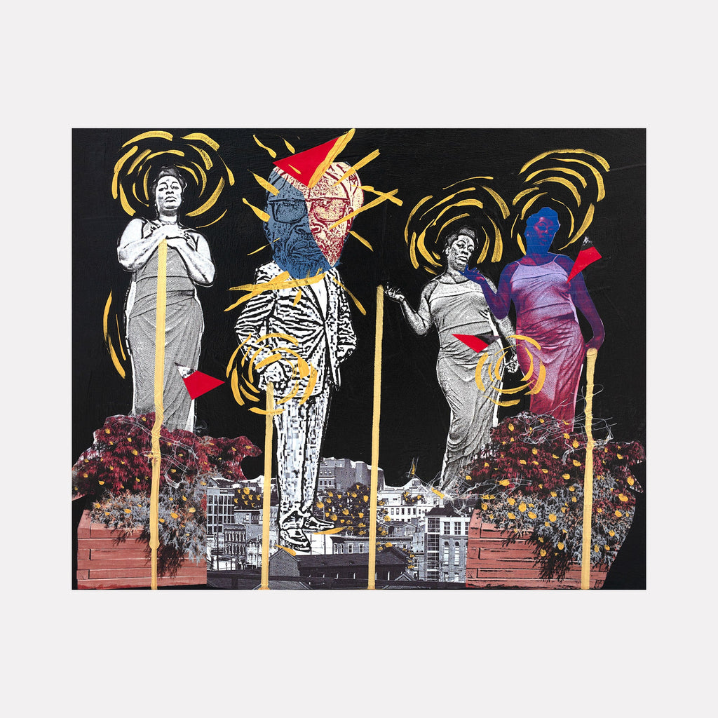 The artwork 'Imagine That?' by Courtney Minor features four figures standing on tall poles against a black background. Vibrant gold spiral halos encircle their forms. The collage combines black and white figures with pops of red, blue, and purple. Urban buildings and textured foliage create a cityscape below. Mixed media collage on canvas showcases contrasting patterns and textures. 16x20 inches. Created by Courtney Minor.