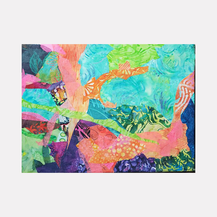 The artwork 'The Clearing' by James Ehling features a vibrant abstract composition on fabric with acrylic paint, showcasing swirling patterns in turquoise, coral pink, and lime green hues. Dynamic brushstrokes and textural elements create movement across the 9x12 inch surface, with deep purple undertones and delicate patterned details throughout the piece. Art by James Ehling.