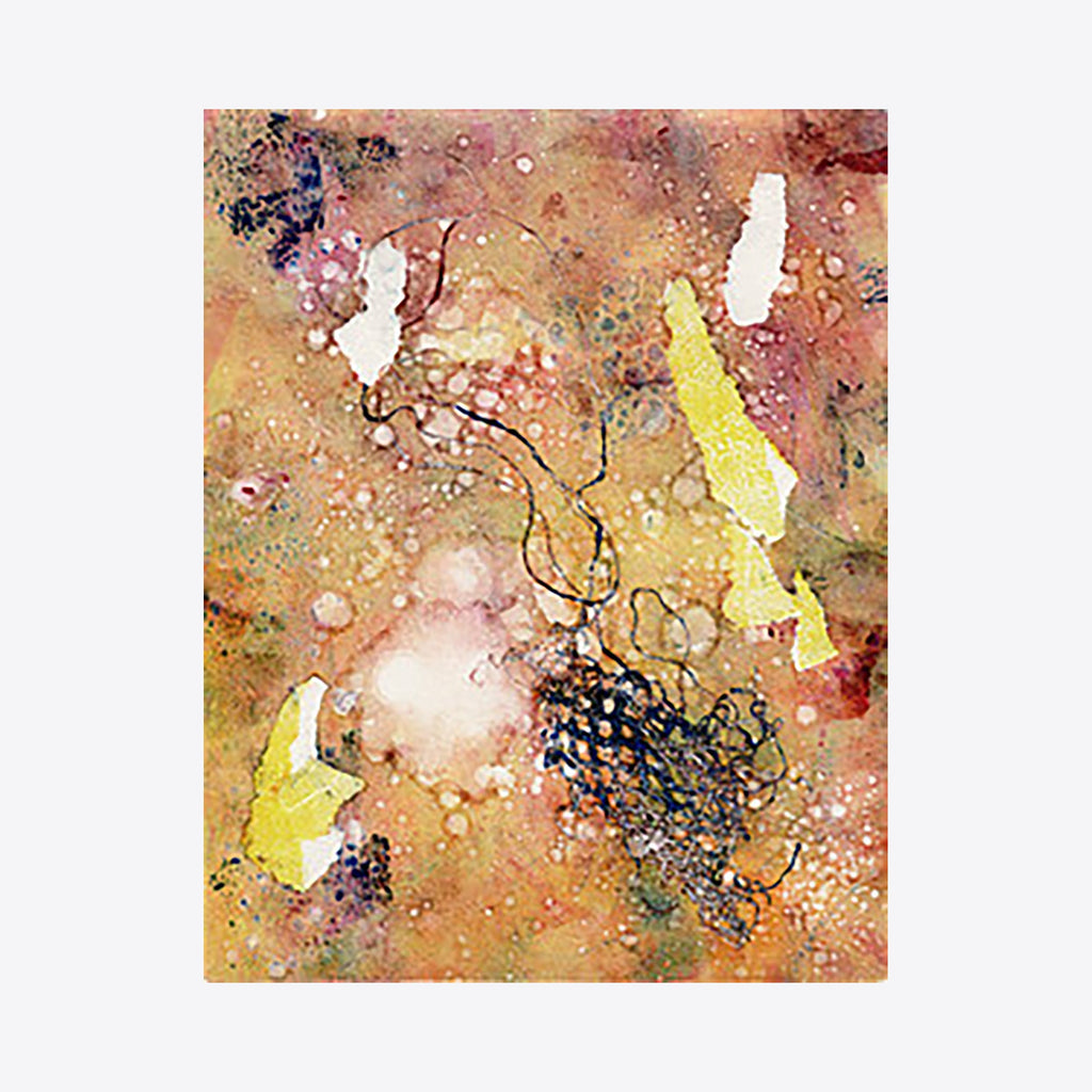 The artwork 'In the network 1' by Marta Nowicka features abstract monotype shapes on paper, combining ethereal white and yellow forms floating against a warm terracotta background. Dark intricate linear patterns weave through speckled textures and delicate splatters, creating a dynamic composition that suggests organic movement and cosmic elements.