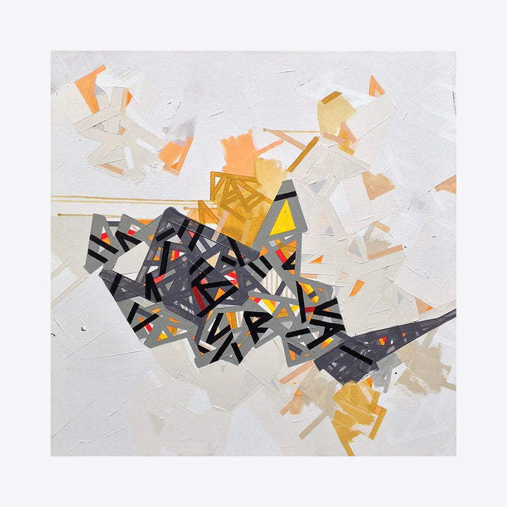 The artwork 'Inaffyy' by Philippe Halaburda features abstract geometric compositions with dark charcoal shapes intersecting orange and golden fragments against a textured white background. Angular forms and dynamic lines create a sense of movement, executed in acrylic with tape elements on a 30x30 inch canvas by Philippe Halaburda.