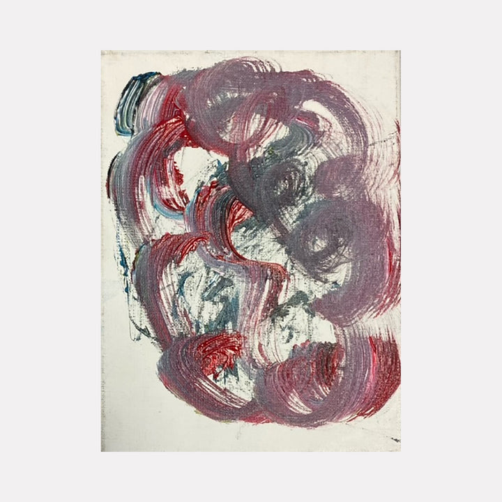 The artwork 'Incomplete' by Dom Hiddo features dynamic brushstrokes in burgundy, teal, and purple swirling across cream-colored paper. Abstract expressionist style with bold, gestural marks creates a sense of movement and emotion through overlapping curved strokes in acrylic paint, measuring 5x7 inches. By Dom Hiddo.