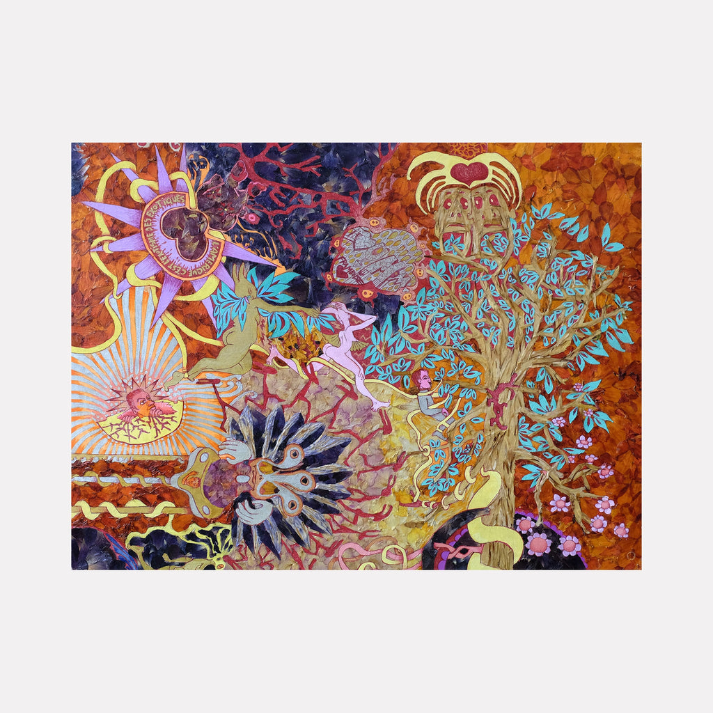 Infinite Drawing Therapy Panel 01 by Valerie Hallier features a vibrant mixed-media composition with intricate floral and celestial motifs. Radiating sun-like patterns in purple and gold intertwine with turquoise botanical elements against a warm rust-orange background. Created using flower petals, paint markers, and ball pen on wood panel, the artwork combines organic and abstract forms in a dreamlike arrangement.