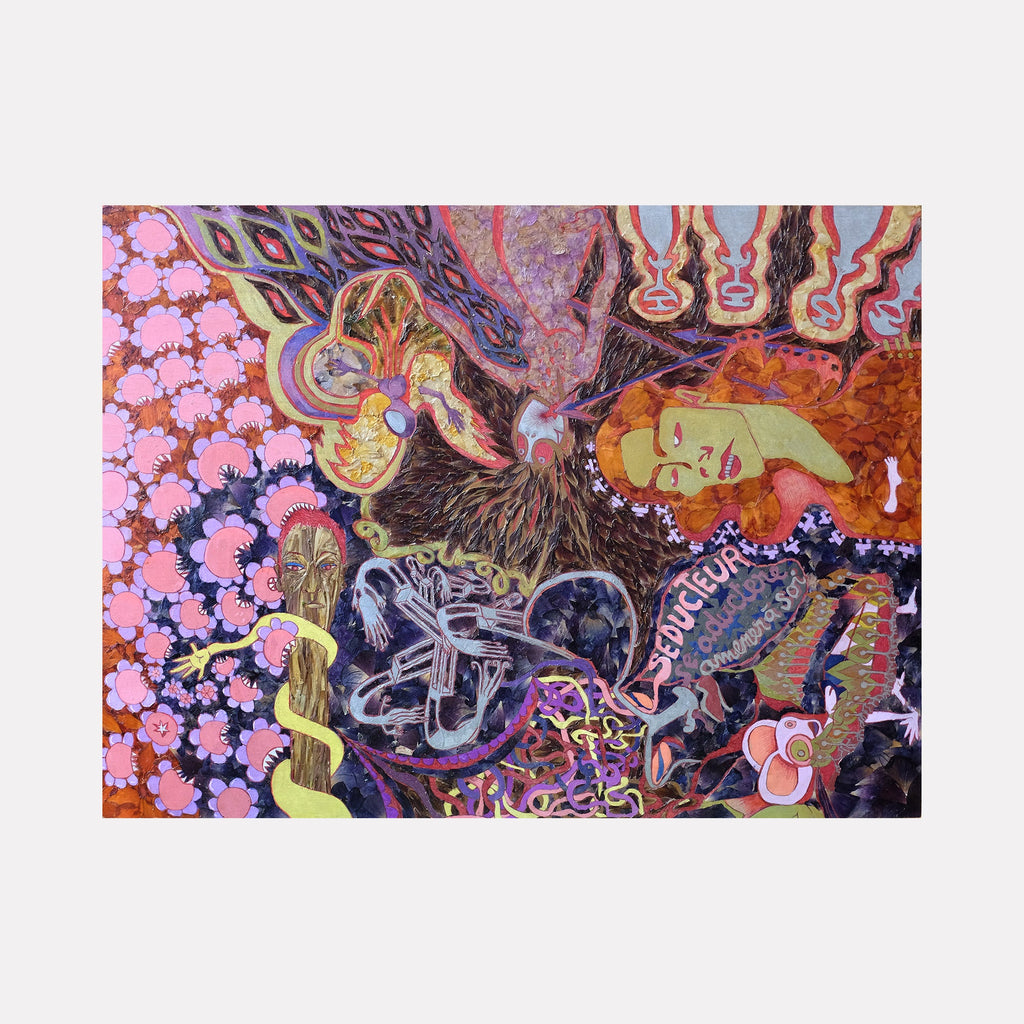 Infinite Drawing Therapy Panel 02 by Valerie Hallier features a psychedelic mixed media composition with flowing organic forms in vibrant purple, pink, and orange hues. Abstract shapes and floral patterns blend with surreal elements, created using flower petals, paint markers, and ball pen on wood panel, showcasing a dreamlike, intricate narrative.
