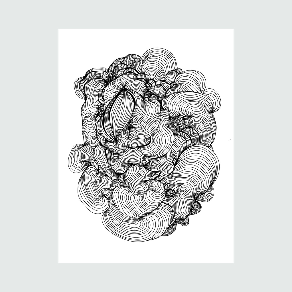 The artwork 'Infinity Linear Art' by Alina Glotova features intricate black and white line work creating flowing, cloud-like formations. Multiple curved lines form overlapping circular patterns, creating a mesmerizing abstract design with organic movement and dimensional depth. The monochromatic print showcases meticulous pen work with continuous flowing curves.