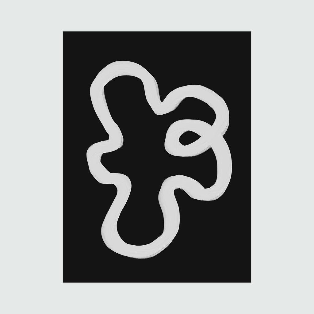 The artwork 'Infinity Shape' by Alina Glotova features a bold minimalist design with a continuous white curved line forming an abstract organic shape against a deep black background. The flowing line creates a fluid, asymmetrical loop suggesting perpetual motion. 40x30 inch unframed print by Alina Glotova.