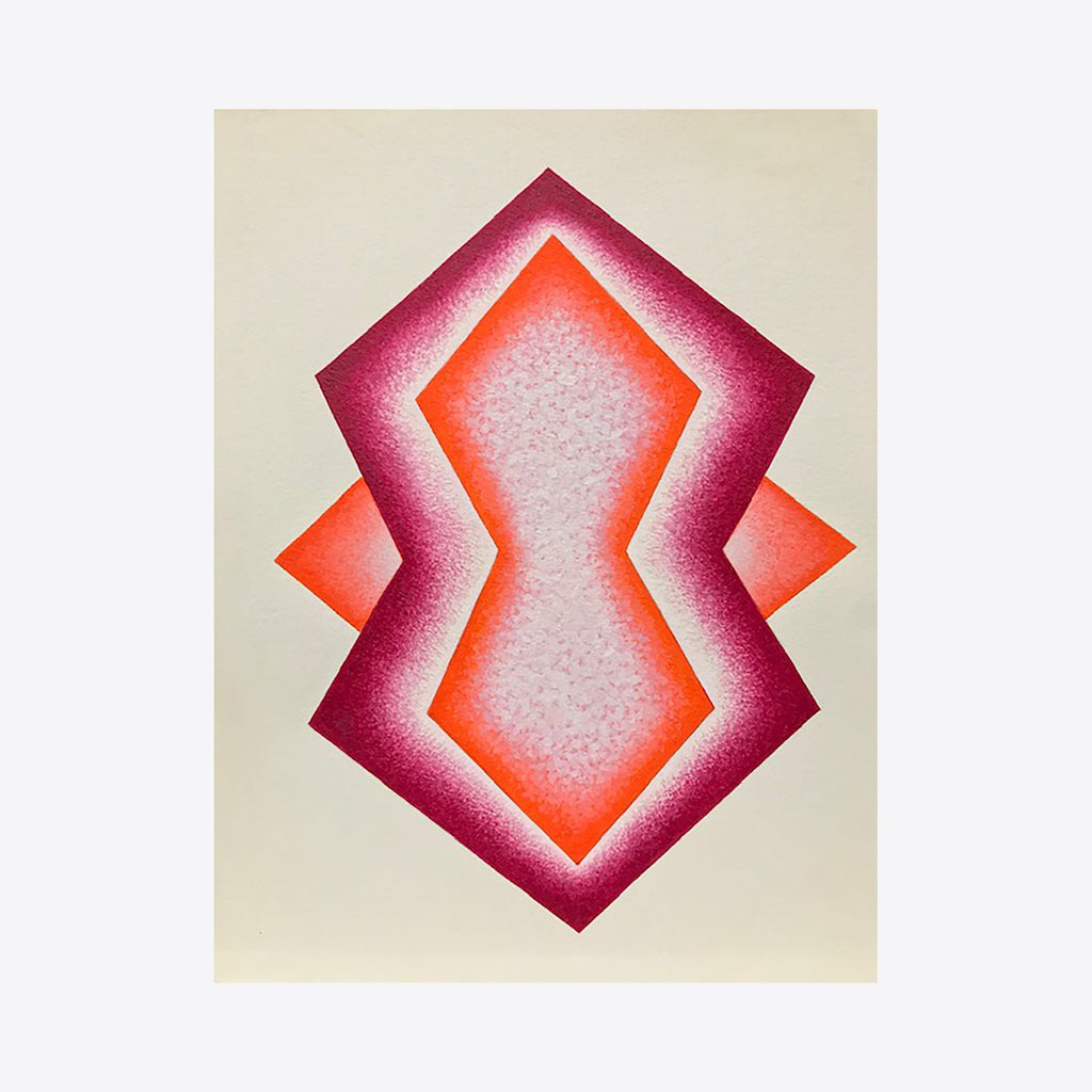 The artwork 'Inside Angle' features a geometric abstract design with a dynamic hourglass shape in vibrant coral orange and deep magenta, creating a gradient effect against a cream background. Precise airbrush-like edges give depth and dimension to the acrylic painting by Joe Piscopia.