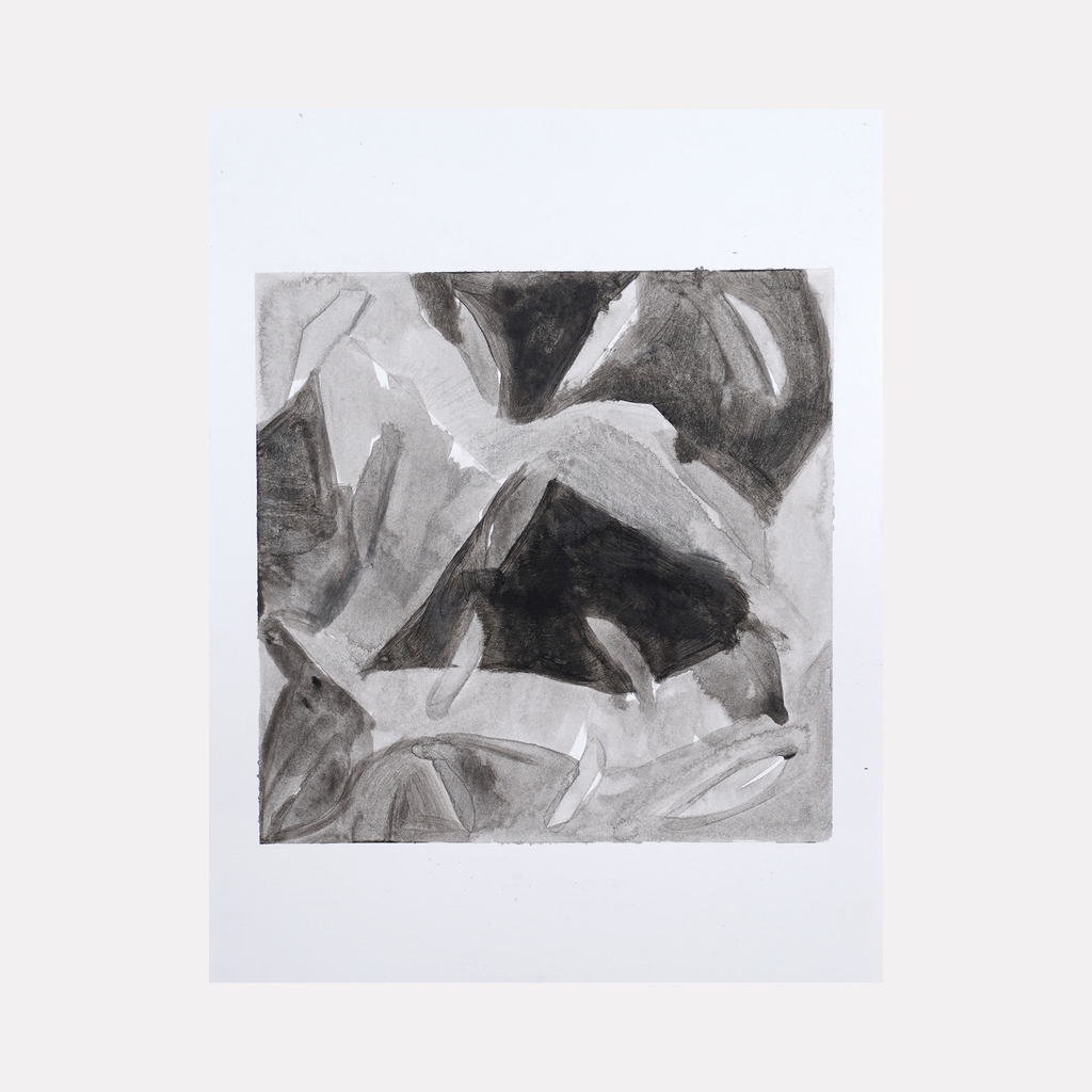 The artwork 'Inside Echo (3)' by Diana Naccarato features dynamic abstract forms rendered in grayscale pencil. Bold sweeping curves and angular shapes create a sense of movement and depth, with dramatic contrasts between light and dark values. The composition showcases flowing organic lines within a square frame, expertly executed in graphite on paper.