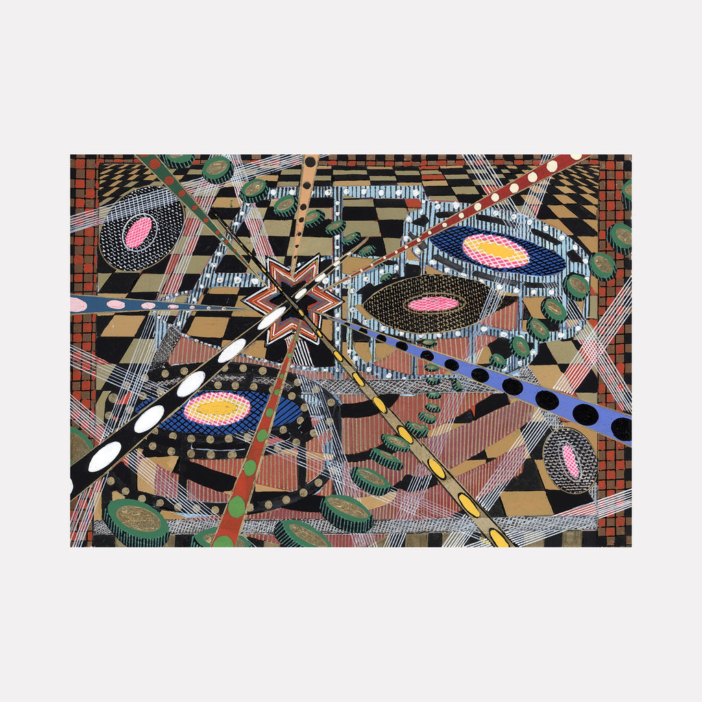 Intergalactic Pinball Match by Amy Cheng: Abstract geometric composition featuring interconnected checkered patterns, orbital shapes, and diagonal lines. Pink and orange circular elements float amid black dots and green curved forms. Mixed media artwork combining gouache and oil marker creates a dynamic, cosmic-inspired game board aesthetic.