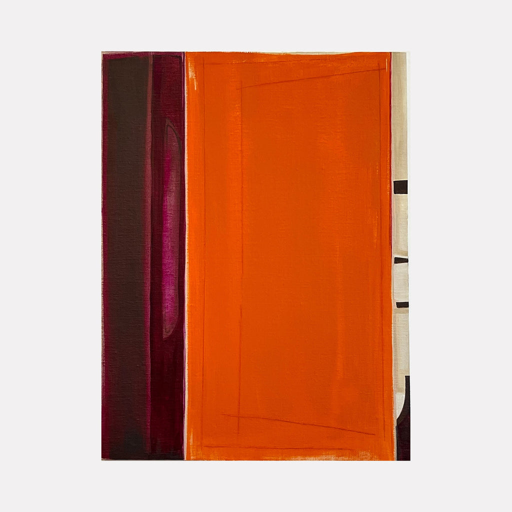 Interstices" by Cora Jane Glasser features bold vertical panels in burnt orange and deep burgundy, creating a striking geometric composition. The oil and wax-based pencil artwork on linen showcases clean lines and rich color blocking, with subtle textural variations across the minimalist abstract surface. The piece demonstrates masterful use of negative space and color contrast.
