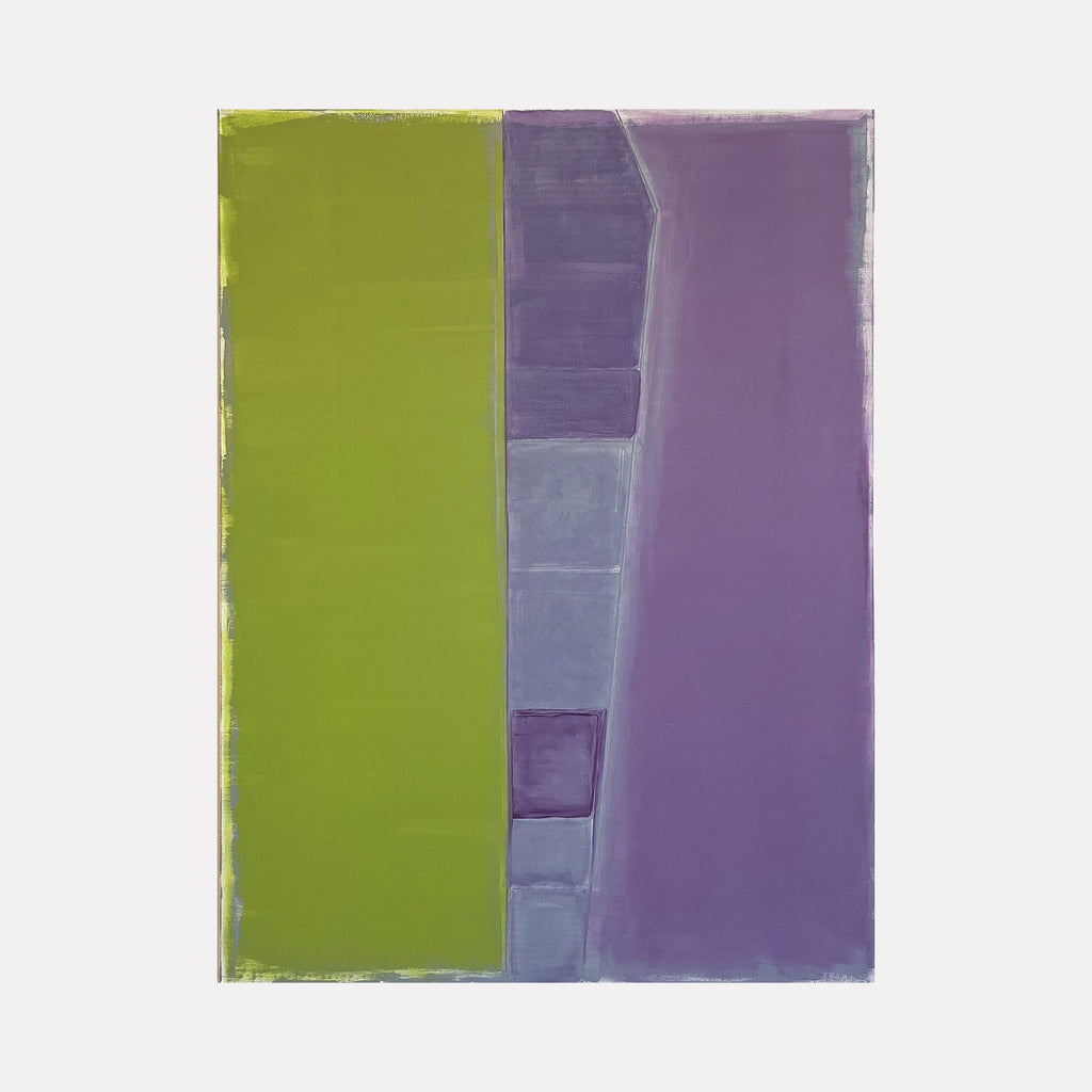 The artwork 'Interstices (chartreuse & violet)' by Cora Jane Glasser features a bold vertical composition split between vibrant chartreuse green and muted violet sections. A stepped, geometric pattern in varying shades of gray-blue creates an architectural interstice between the two main color fields. Oil and wax pencil on linen create subtle textural variations.