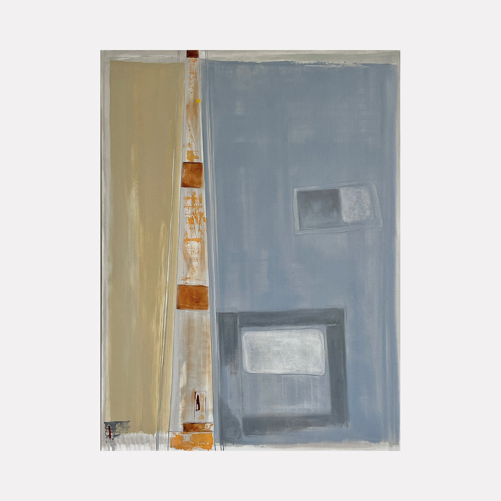 The artwork 'Interstices (red sign)' by Cora Jane Glasser features a minimalist abstract composition with a vertical beige section on the left containing rust-colored geometric blocks, contrasting with a slate blue field on the right displaying two misty white rectangular forms. Oil and wax pencil on linen create subtle textural variations.