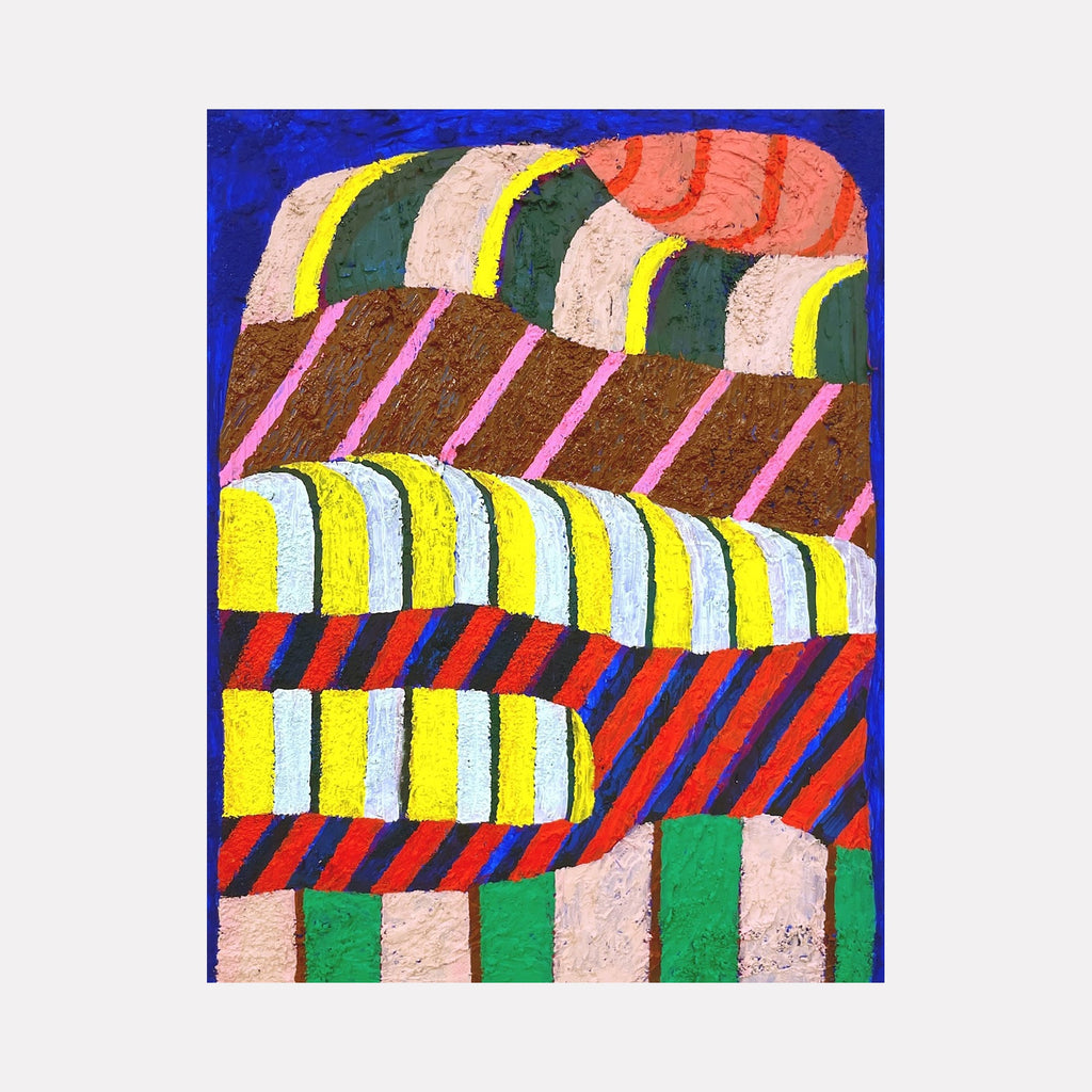 The artwork 'Is It Heavy?' by Natalie Lanese features bold geometric stripes in vibrant colors including pink, yellow, green, red, and blue against a deep cobalt background. The textured surface, created with pumice and flex paste, forms undulating wave-like patterns arranged in horizontal bands, showcasing a playful interplay of color blocking and diagonal lines.