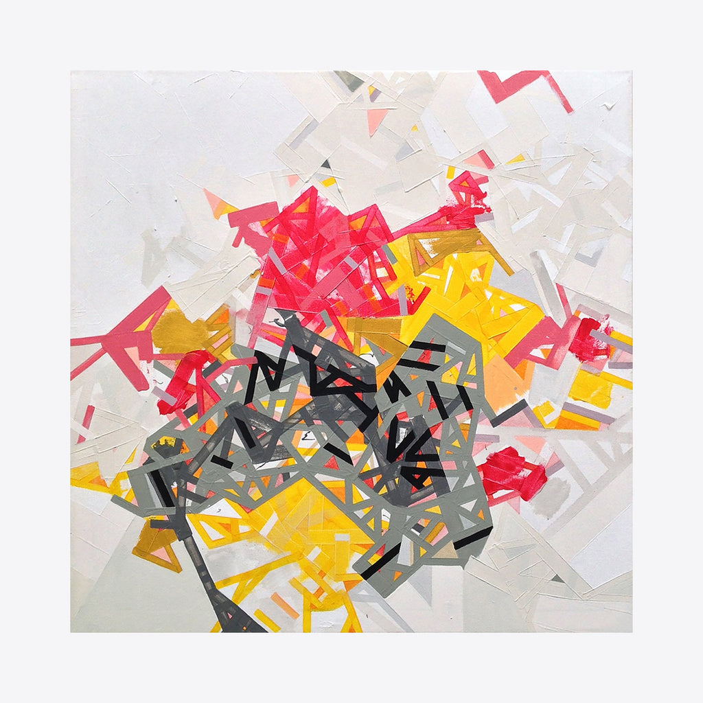 The artwork 'Kmmaays' showcases a dynamic abstract composition featuring geometric fragments in vibrant red, yellow, and charcoal gray against a white background. Sharp angular shapes and tape elements create a sense of explosive movement and spatial depth. This 30x30 inch acrylic and tape on canvas piece by Philippe Halaburda.