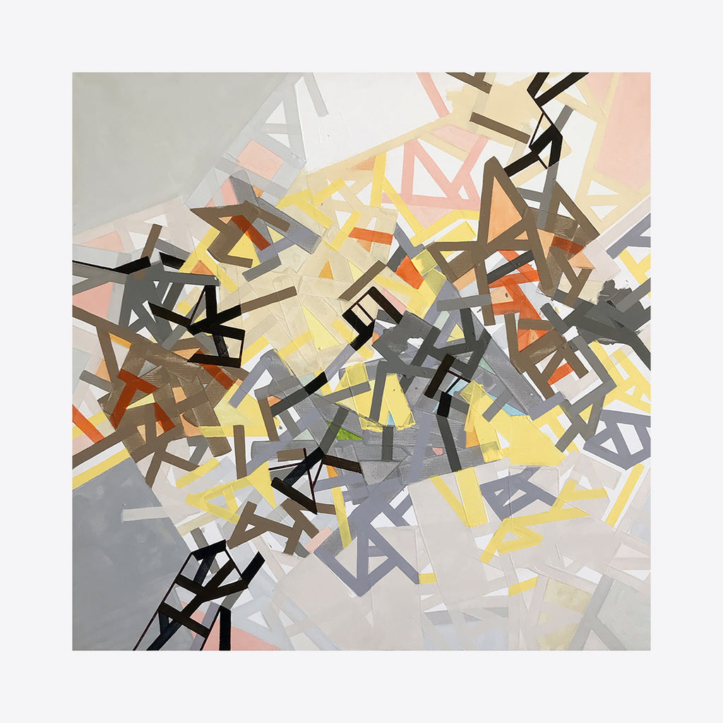 The artwork 'Kuurniadd Skin' by Philippe Halaburda features abstract geometric shapes in black, gray, yellow, and coral pink arranged in a dynamic composition. Angular forms and linear elements create movement across a light gray background, reminiscent of deconstructed letters or architectural fragments in acrylic and tape on canvas.
