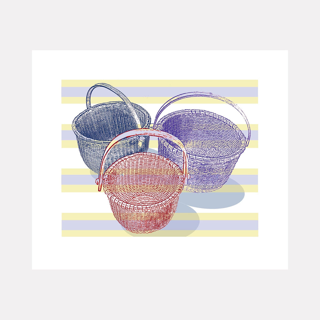 The artwork 'Lightship Series 1 - 3 Baskets' features three woven baskets arranged on a striped yellow and gray background. The baskets are rendered in red, blue, and purple, showing intricate woven textures and curved handles in a giclee print on archival paper. Created by Lauder Bowden.