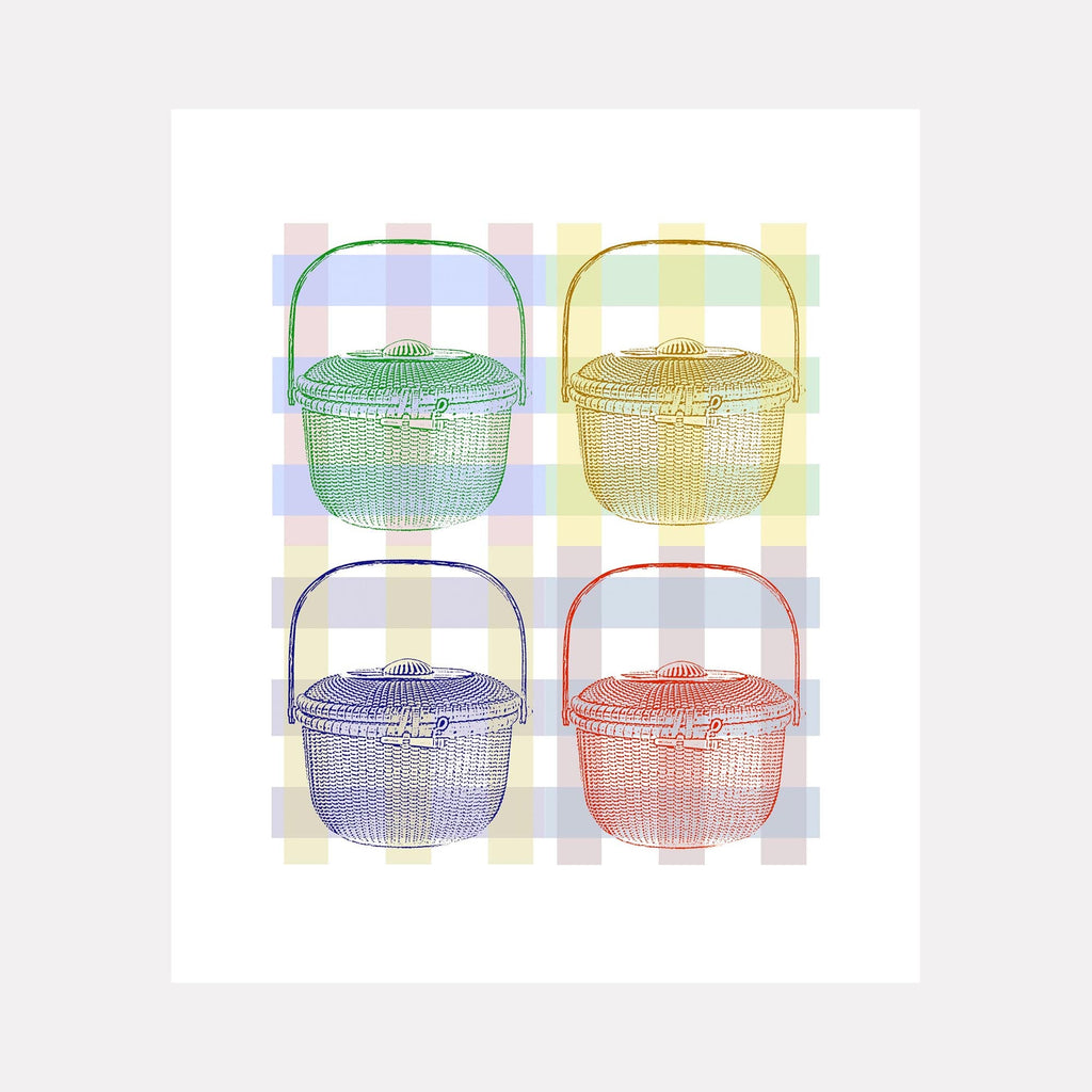 Lightship Series 1 - 4 Baskets by Lauder Bowden features four traditional woven baskets with handles arranged in a grid pattern, rendered in green, yellow, blue, and red against a soft plaid background. Each basket displays intricate ribbed texture, creating a modern pop art interpretation of classic Nantucket lightship baskets in giclee print format.
