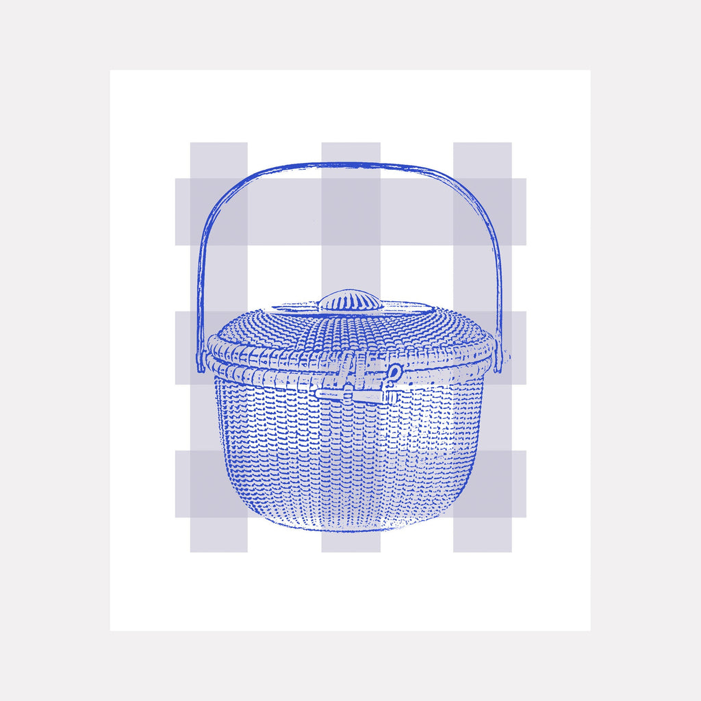 Lightship Series 1 - Patsy's Basket by Lauder Bowden features a delicate blue line drawing of a traditional Nantucket basket against a white background. The intricate giclee print showcases detailed woven textures, a domed lid, and curved handle, rendered in a minimalist blueprint-style illustration with mauve undertones.