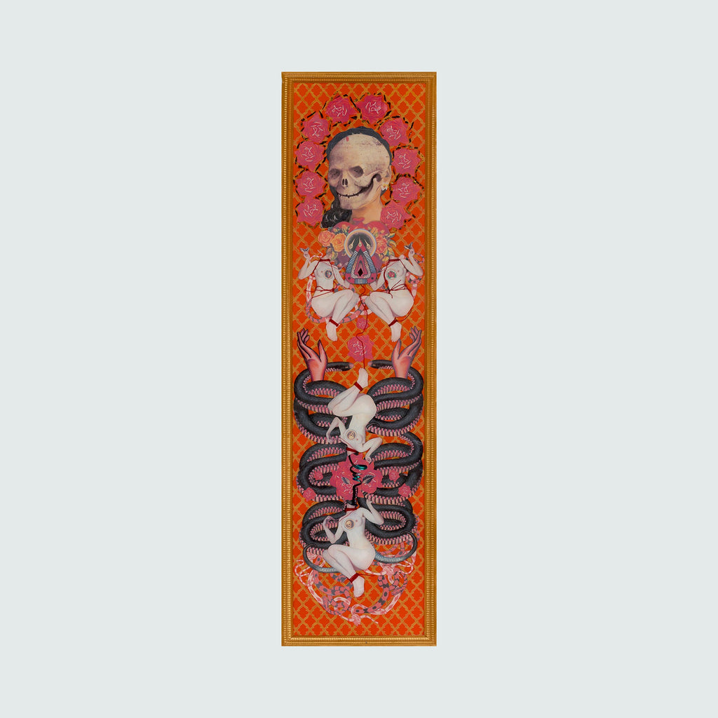 The artwork 'Skull with Snake and Gold Figures' by Chelsea Amato features a vertical mixed media collage with ornate orange geometric borders. A human skull crowned with pink flourishes tops the composition, followed by white decorative figures and intertwining purple-gray serpents against a vibrant orange background, creating a symmetrical, gothic-inspired design at 60x16 inches.