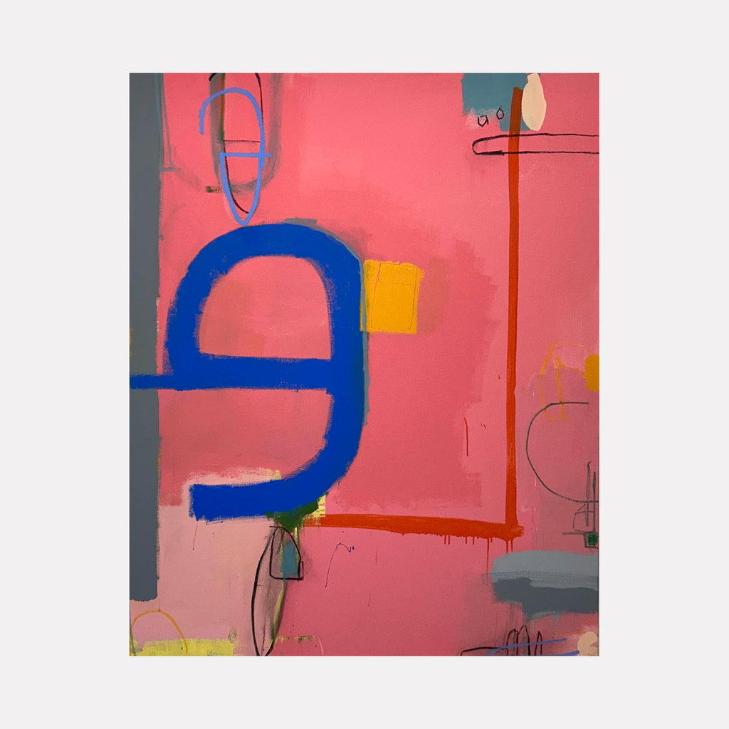 The artwork 'Double e' by Janice La Motta features a bold abstract composition with a dominant blue letter-like form against a vibrant pink background. The piece incorporates geometric shapes, including a striking yellow square accent, thin linear elements in brown and black, and subtle gray undertones. The acrylic painting showcases a minimalist yet expressive style with gestural brushstrokes and purposeful color blocking. By Janice La Motta.