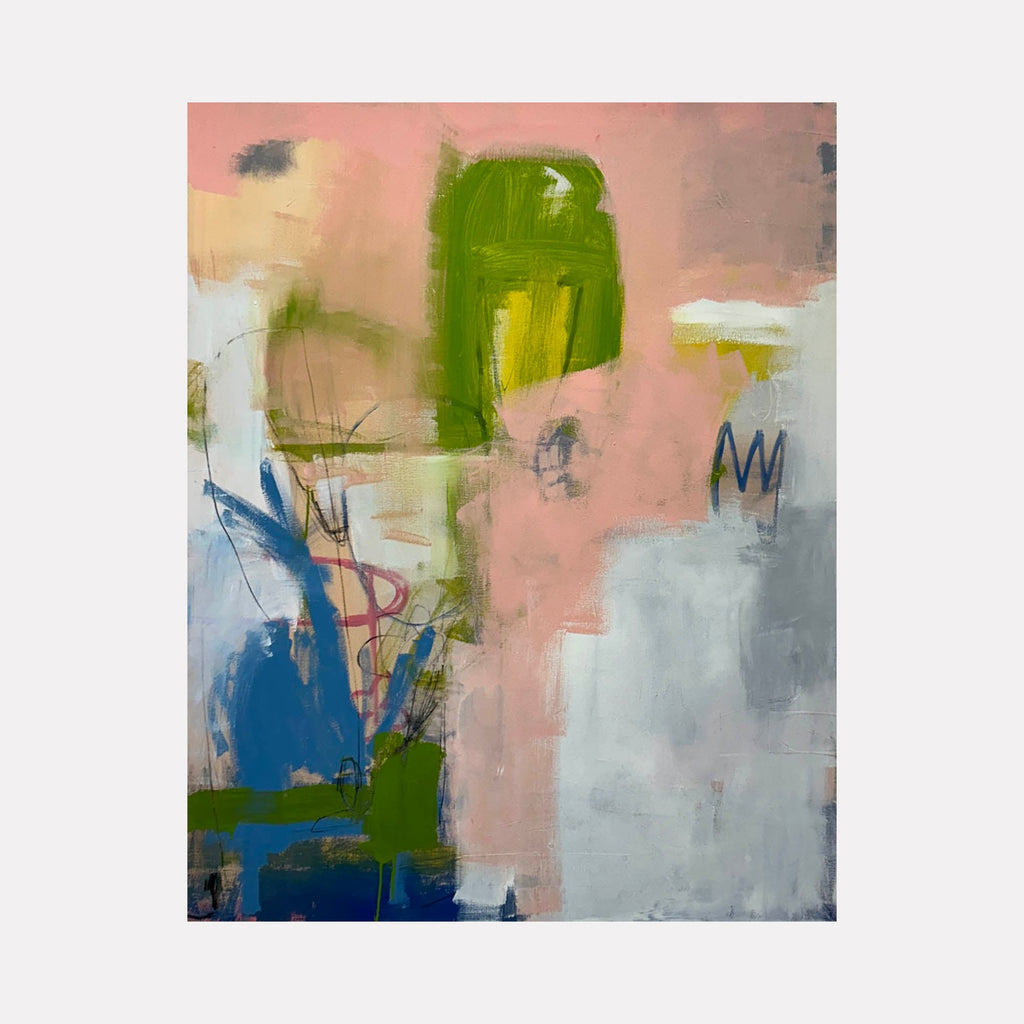 The artwork 'Father's Day' by Janice La Motta features an abstract composition with bold brushstrokes in soft pink, vibrant green, and deep blue hues. The large-scale acrylic painting on linen showcases gestural marks and angular forms, with layered textures creating depth against misty gray areas and pale peach tones. Dynamic brushwork and spontaneous lines suggest movement across the 60x48 inch canvas. By Janice La Motta.