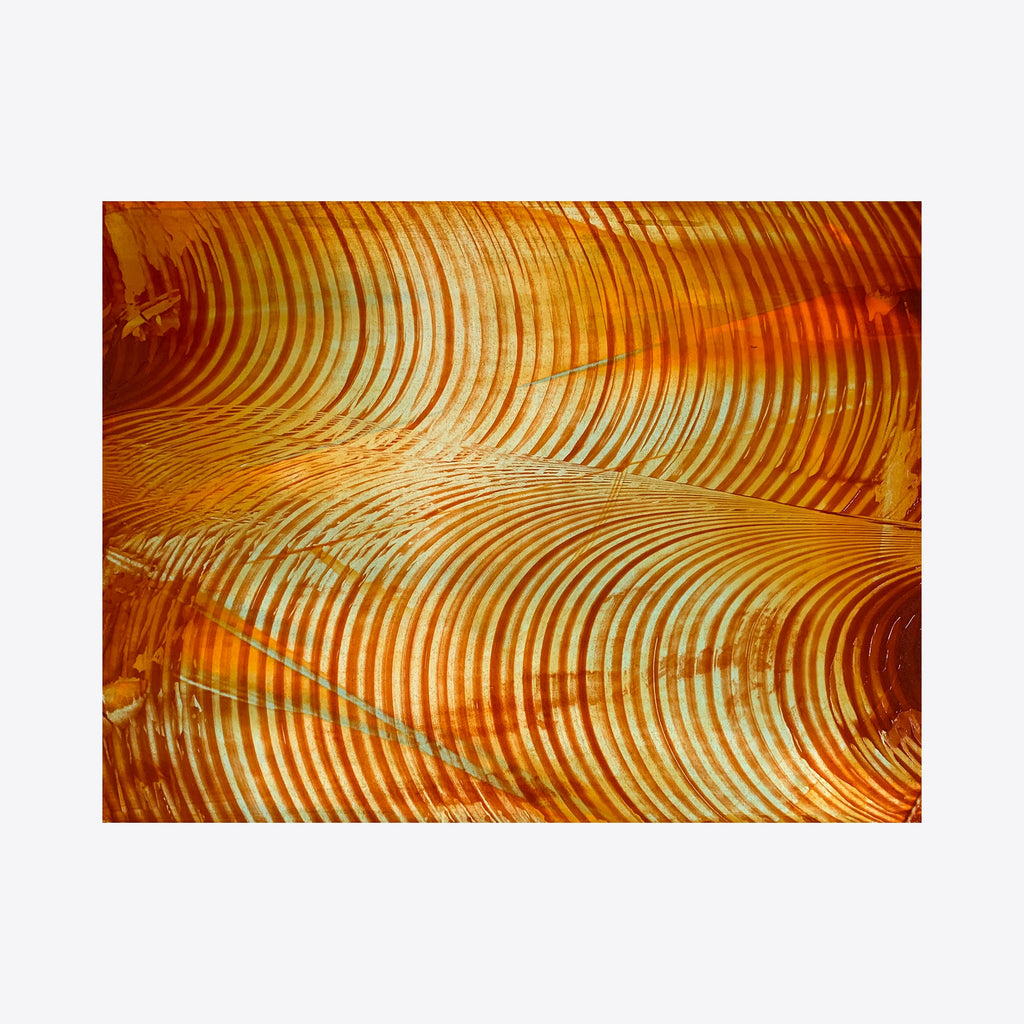 The artwork 'Land of Sunshine 01' by John Cox features mesmerizing concentric waves in brilliant golden-orange hues. Fluid, curved lines ripple across the acrylic canvas creating a dynamic pattern reminiscent of sunlit ocean waves or desert sand dunes. The metallic-like texture adds depth and movement to this 12x16 abstract composition by John Cox.