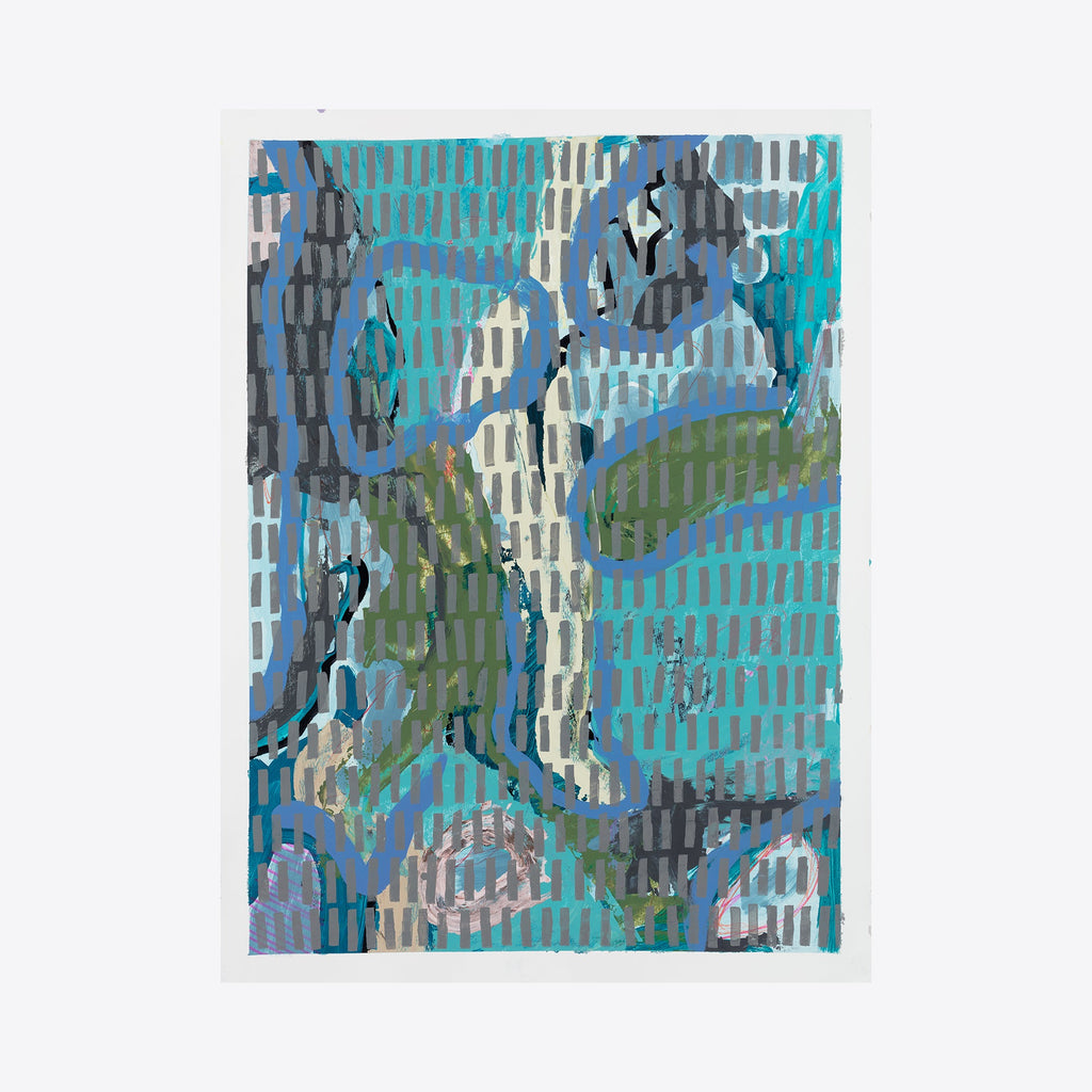 The artwork 'Layered Practices II' by Lynnette Therese Sauer features abstract organic shapes in shades of turquoise, blue, and grey, overlaid with a rhythmic pattern of vertical white brushstrokes. The composition blends oil and acrylic paint on gessoed paper, creating a dynamic interplay between flowing forms and structured elements.