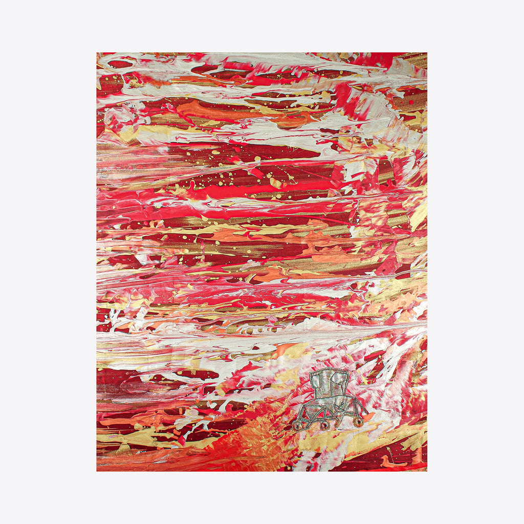 The artwork 'Left Behind, Hoping for Your Return' by Ali Ha features dynamic swirls of vibrant red, coral, and cream hues created through acrylic paint pour technique, layered with repurposed fabric applique. Abstract horizontal streaks evoke motion and emotional intensity, with subtle metallic accents adding depth and dimension to the 32x24 inch mixed media composition.