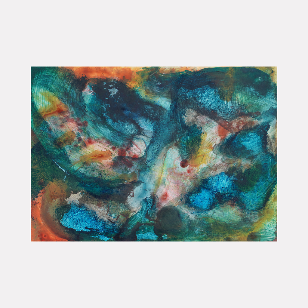 The artwork 'Lifting' by Diana Naccarato features vibrant abstract brushstrokes in deep turquoise and coral hues. Dynamic swirls of acrylic paint create a fluid, underwater-like atmosphere, with ethereal blending of cool blues merging into warm orange accents. The 6x8 inch framed piece showcases expressive movement and layered textures reminiscent of ocean currents.