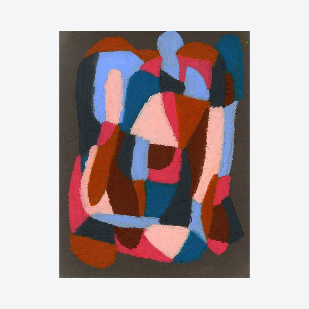 The artwork 'Light Blue, Rust, Pink on Dark Grey' by Alicia Little features an abstract composition of interlocking geometric shapes in pastel blue, rust orange, soft pink, and deep navy against a dark grey background. The shapes create a dynamic mosaic-like pattern with curved edges and angular forms, rendered in a modern painterly style on paper.