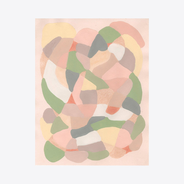 The artwork 'Light Camouflage on Pink' by Alicia Little features overlapping organic shapes in soft pastel hues. Curved forms in sage green, peach, cream, and pale yellow create an abstract mosaic pattern against a blush pink background. The gouache painting showcases a delicate, translucent quality with gentle color transitions and subtle textural elements, composed on paper.