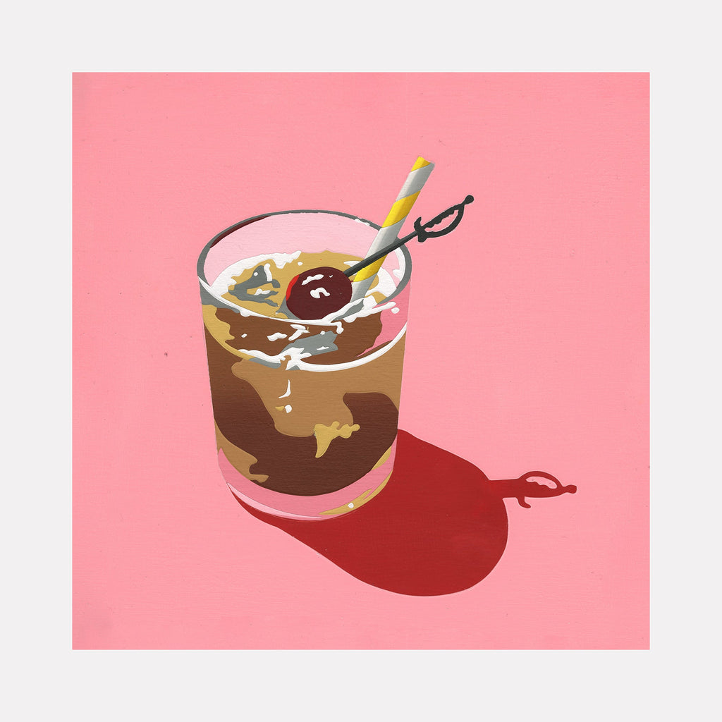 The artwork 'Light Pink Drink' by Lori Larusso depicts a stylized iced beverage in a clear glass with swirling brown and tan tones, suggesting an iced coffee or chocolate drink, set against a pink background. A yellow striped straw and dark circular garnish complete the composition, casting a bold red shadow. Created with acrylic and pigmented MSA on wood panel.