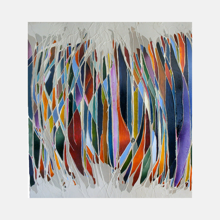The artwork 'Loss and Longing' features vertical bands of vibrant colors including deep blues, purples, oranges, and greens, intersected by flowing white linear elements creating a dynamic woven effect. The encaustic medium adds rich texture and depth to the abstract composition, with colors appearing to emerge and recede. By Seren Morey.