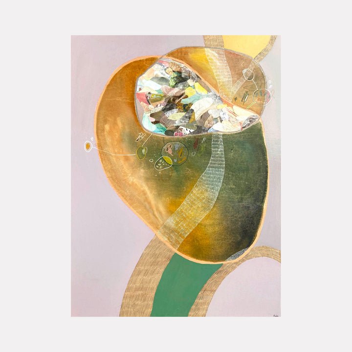 The artwork 'Lullaby' by Linden Eller features abstract curved forms in golden yellow and forest green, with delicate textural elements and collaged details. A sweeping arc dominates the composition, adorned with mixed media elements including paper strips and gestural marks on wood panel. Subtle pink undertones complement the earthy palette.